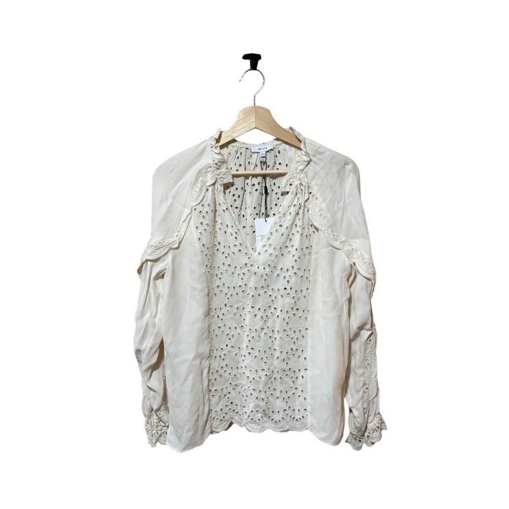 NWT REISS Flora Eyelet Scalloped Sleeves Ivory Cream Top Blouse - Size 4 - Picture 2 of 5